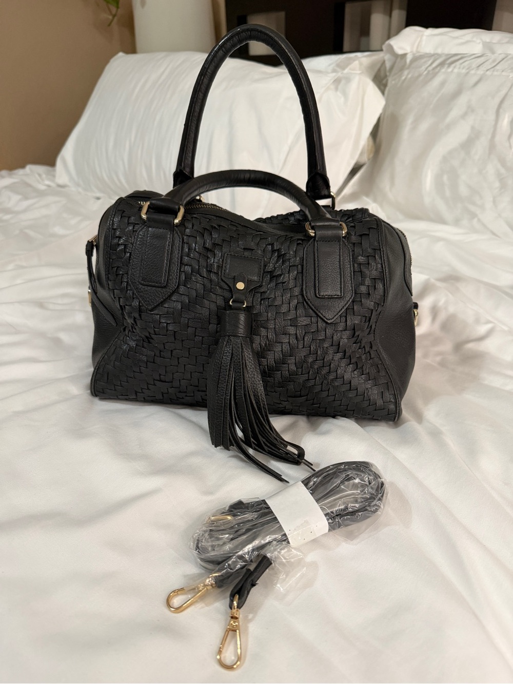 Cole haan woven black handbag leather